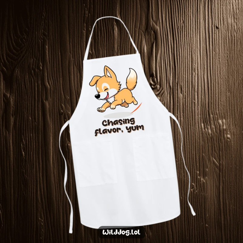 Funny wild dog apron showing a dog chasing its tail, perfect for humorous cooking and kitchen protection.
