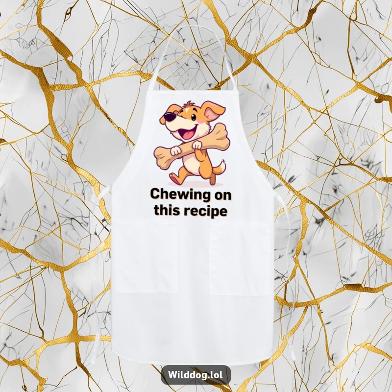 Funny wild dog apron showing a happy dog carrying a large bone, great for kitchen fun.