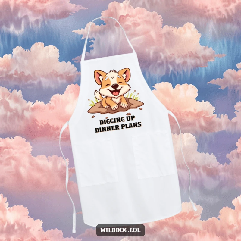 Funny Apron: A wild dog is depicted digging with immense energy and pure joy, ready to make a mess in the kitchen.