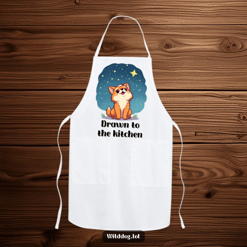 Funny apron depicting a wild dog character gazing up at a starry night sky, bringing a sense of wonder and magic to the kitchen.