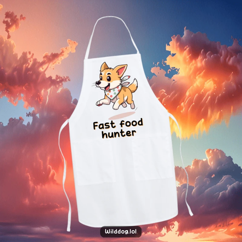 Funny wild dog with a bandana, running with wind, on an apron, for adding energy to cooking.