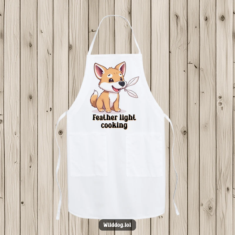Funny wild dog attempting to catch a floating feather with its snout, functional and funny apron for cooking or grilling.