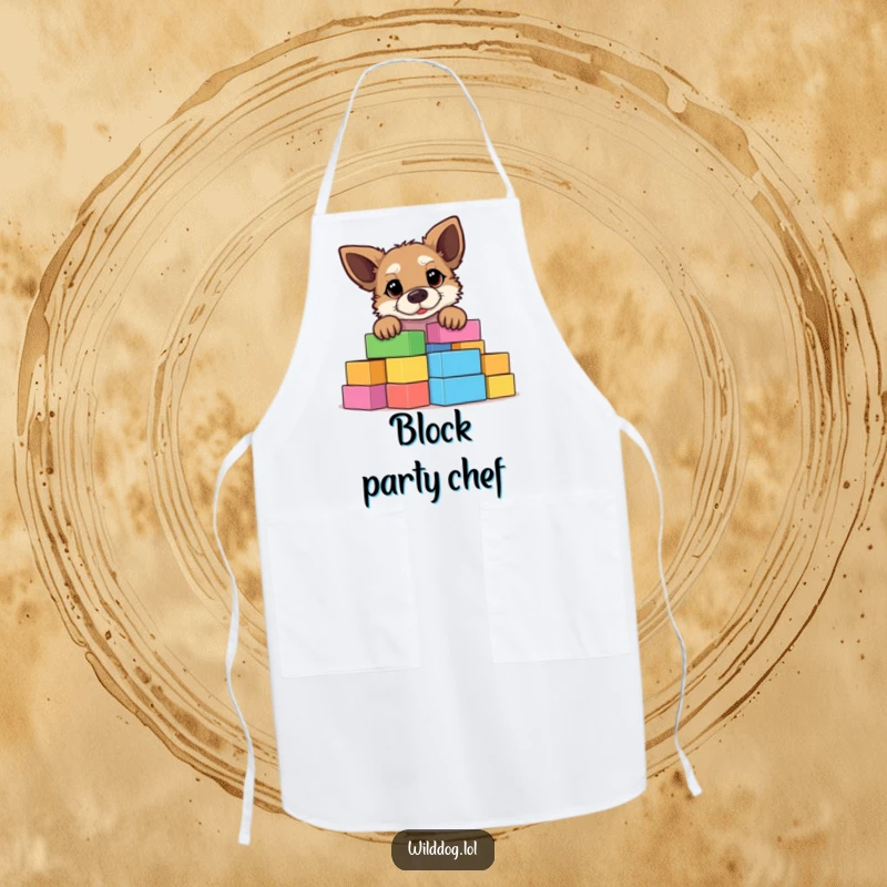 Funny wild dog peeking over a huge stack of colorful building blocks, functional and funny apron for kitchen adventures.