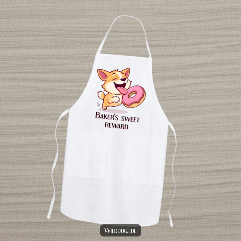 Funny apron with a joyful dog with its tongue out, hilariously chasing a rolling donut, perfect for humorous kitchen adventures.