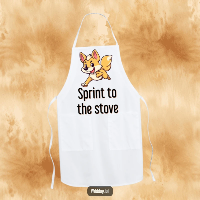 Funny apron depicting a wild dog character running with a determined and happy expression, inspiring focus and joy in the kitchen.