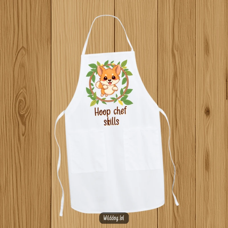 Funny wild dog apron showing a playful dog leaping through a hoop made of leaves, a humorous kitchen accessory for active cooks.