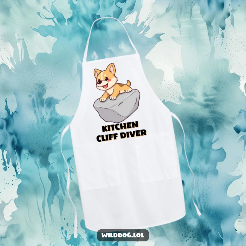 Funny apron with a wild dog captured mid-slide down a smooth rock.