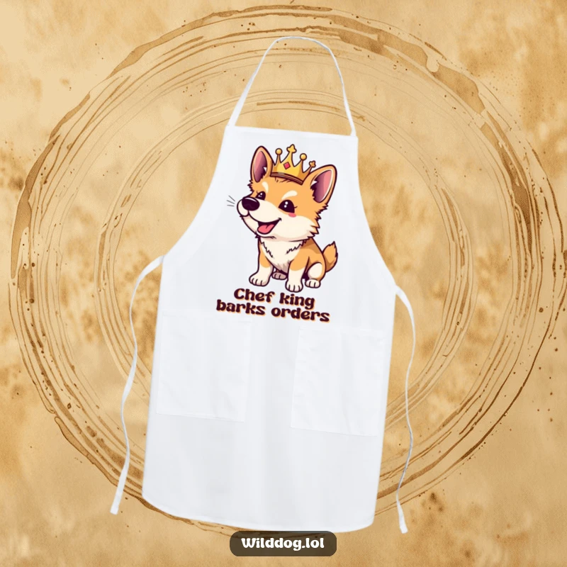 Funny wild dog apron showing a playful crowned dog barking happily, ready to cook in the kitchen.