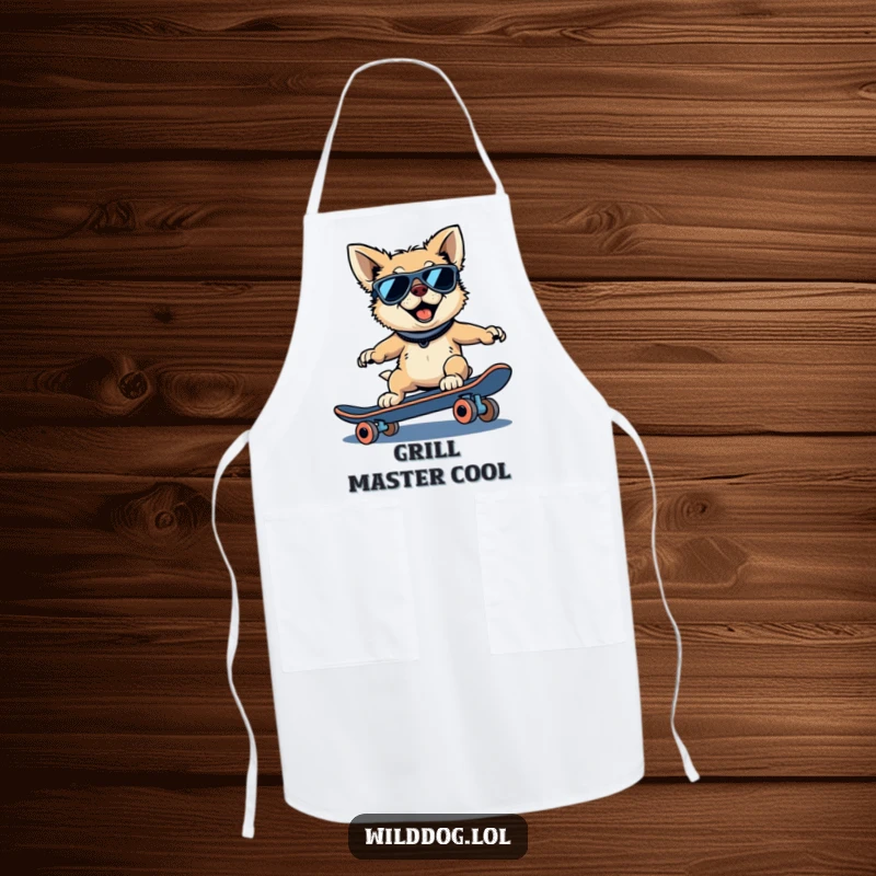 Funny wild dog apron showing a dog wearing sunglasses, riding a skateboard downhill, ready to cook.