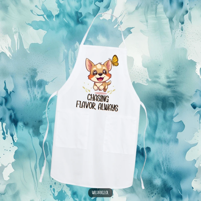 Funny apron with a wild dog with joyful eyes chasing a butterfly, perfect for kitchen protection and a dose of playful energy.