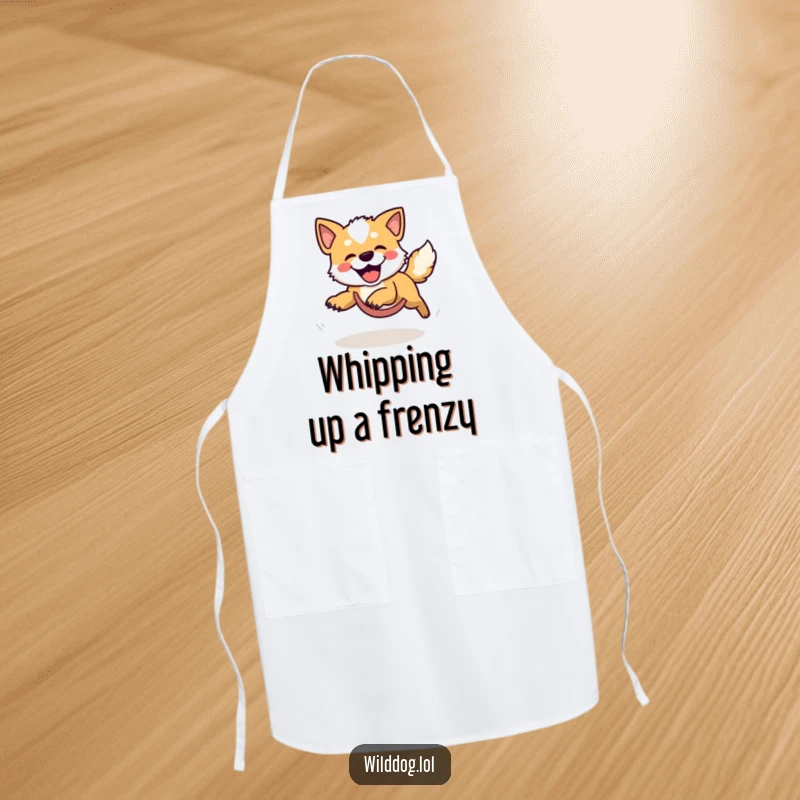 Funny apron showcasing a playful wild dog in a comical frenzy, chasing its tail in a happy, dizzying circle while cooking.