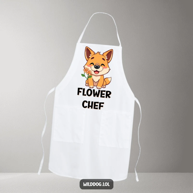 Funny apron featuring a wild dog character with a delighted grin balancing a flower on its nose, perfect for a joyful cooking experience.