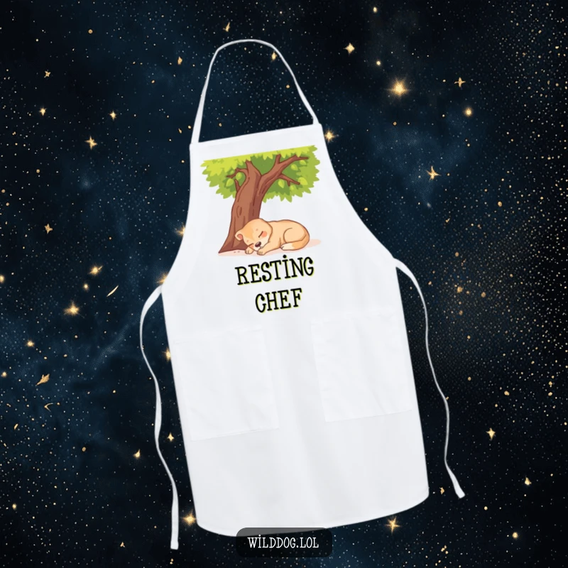 Funny Wild Dog Napping Apron showing a dog sleeping peacefully under a sunny tree.
