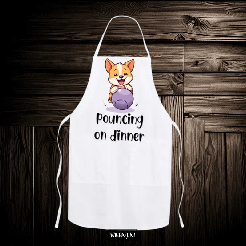 Funny wild dog apron showing a dog pouncing on a bouncing ball, perfect for humorous cooking and kitchen protection.