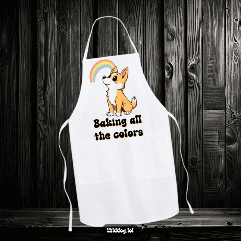 Funny wild dog looking at a rainbow, adding humor and charm to this functional cooking apron. Funny gift.