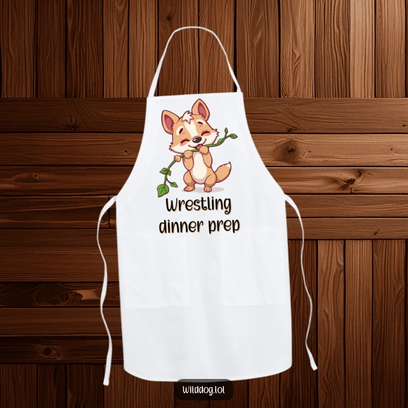 Funny apron showcasing a wild dog character playfully pulling on a long vine, perfect for kitchen adventures and adding a humorous flair.