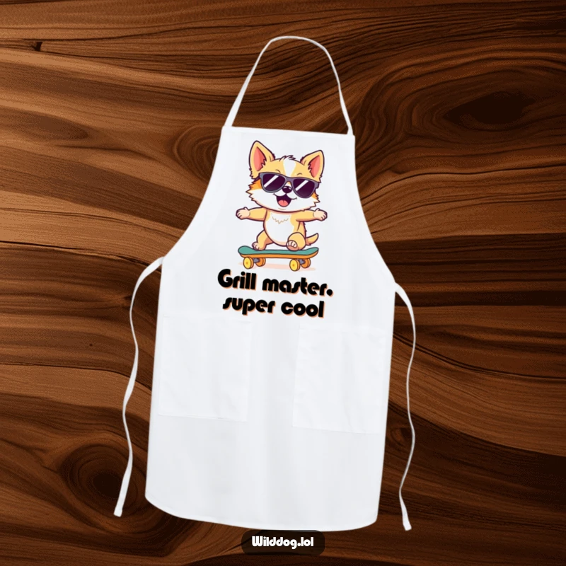 Funny apron with a wild dog in sunglasses riding a skateboard downhill, perfect for kitchen protection and a dose of skater cool.
