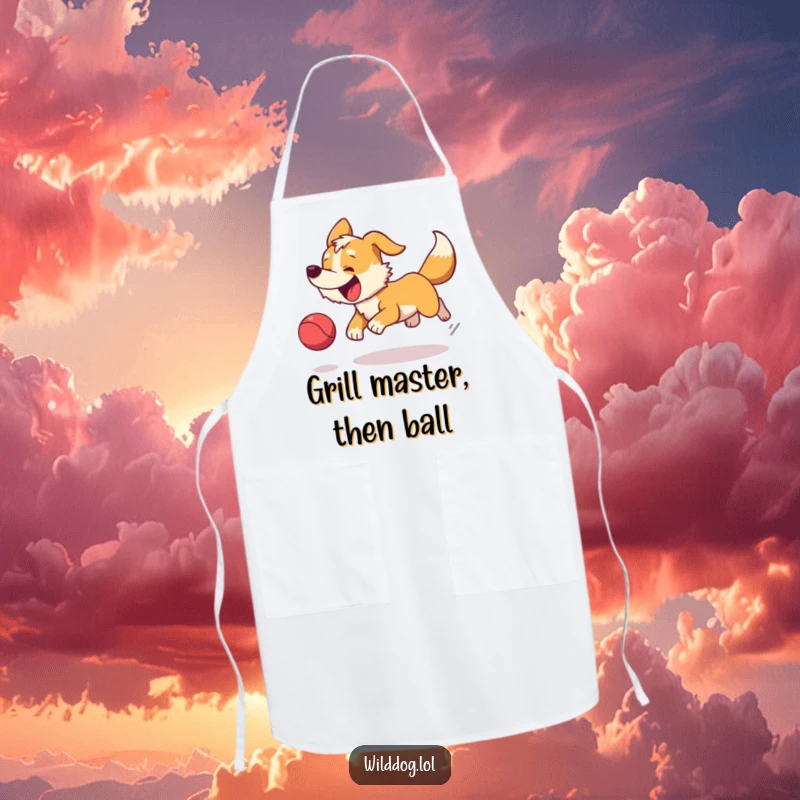 Funny apron depicting a cheerful wild dog gleefully chasing a bouncing ball, adding humor to kitchen tasks.