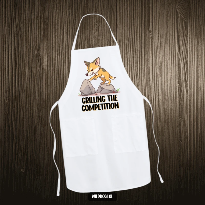 Funny Wild Dog Climbing Apron showing a dog determinedly climbing a small rock.