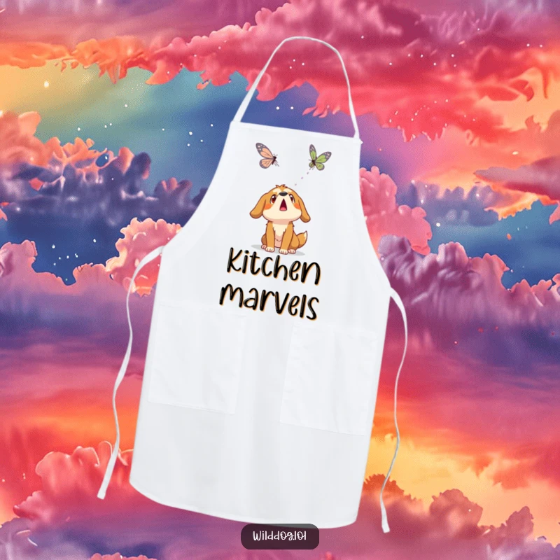 Funny wild dog character wearing an apron, humorously looking surprised at a floating butterfly while cooking or gardening.