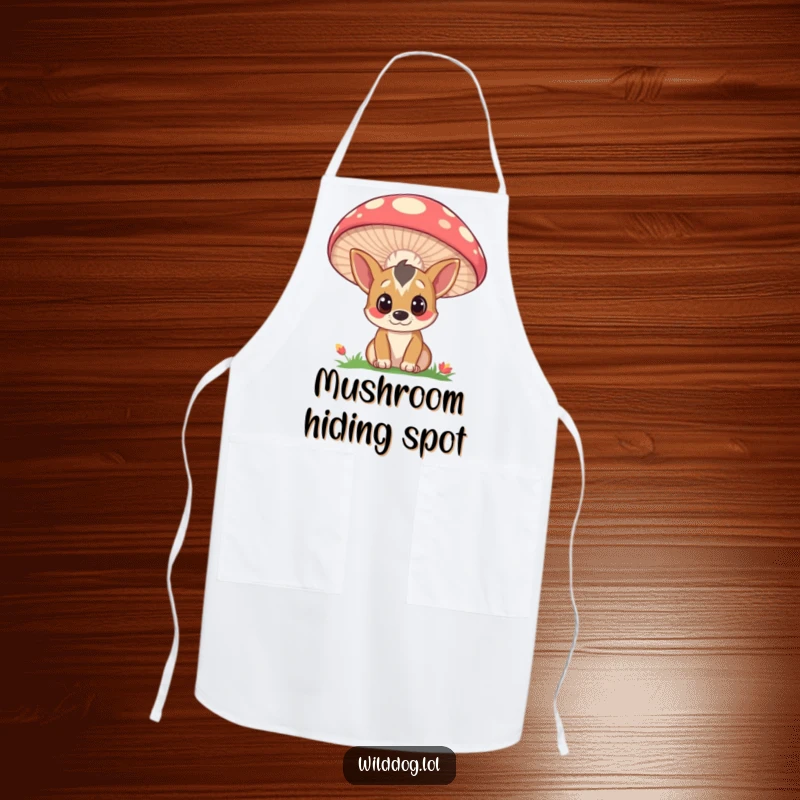 Funny apron featuring a curious wild dog peeking from behind a large, colorful mushroom, ideal for kitchen fun and a unique gift.