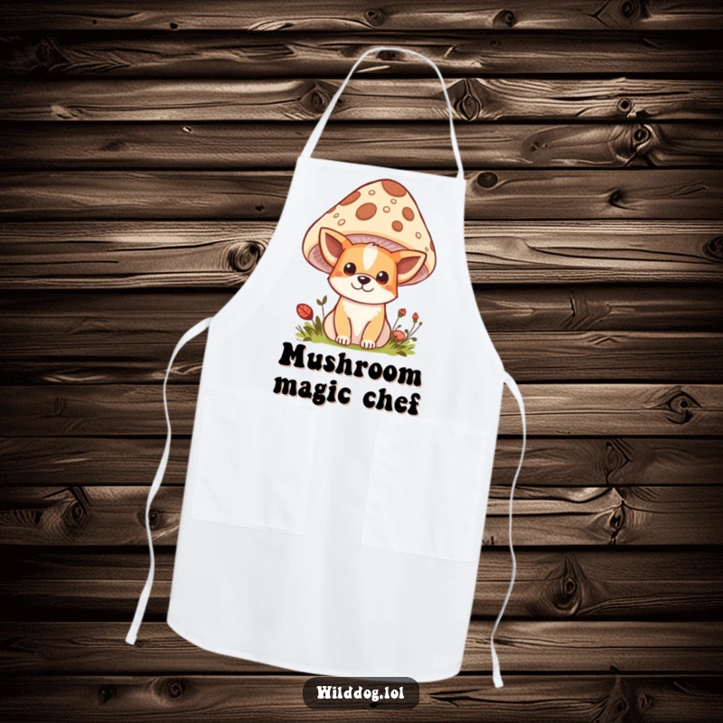 Funny Kawaii Wild Dog Apron: Cute character peeking from behind a mushroom while cooking, a practical and funny addition to kitchen wear.