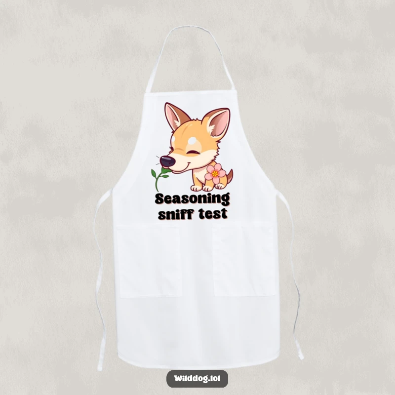 Funny wild dog apron showing a curious dog with a tilted head sniffing a flower, a humorous kitchen accessory for gentle cooks.