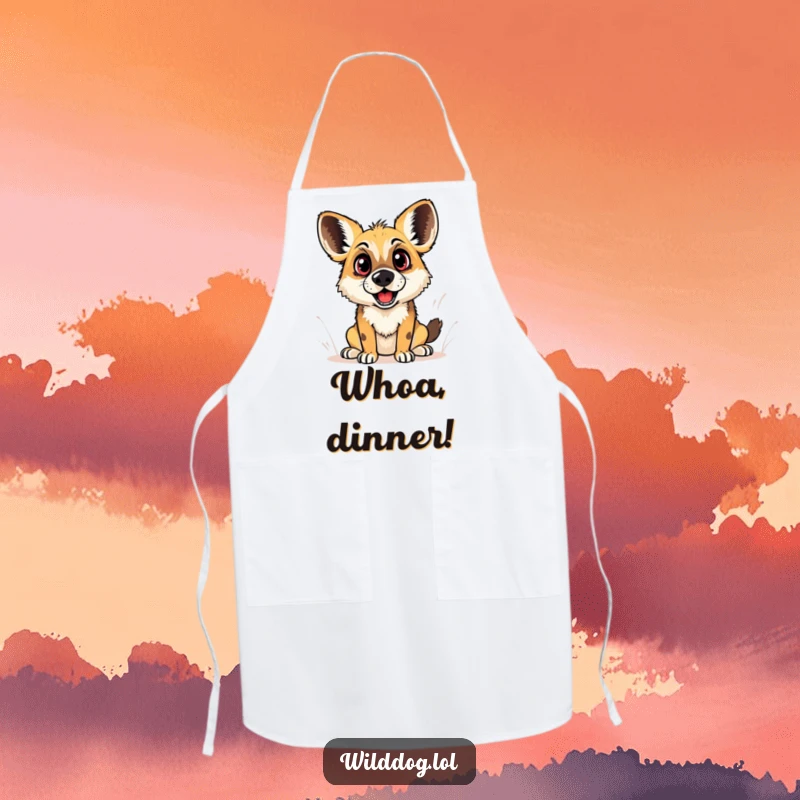 Funny apron graphic of a wild dog with wide, startled eyes and an open mouth, capturing a hilarious expression of playful surprise.