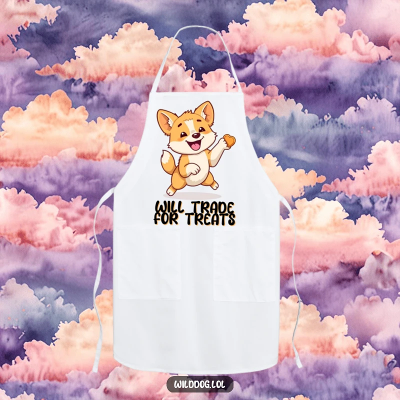 Funny apron depicting a wild dog leaping with sheer delight, tail wagging uncontrollably, all focused on a treat, ready for kitchen adventures.