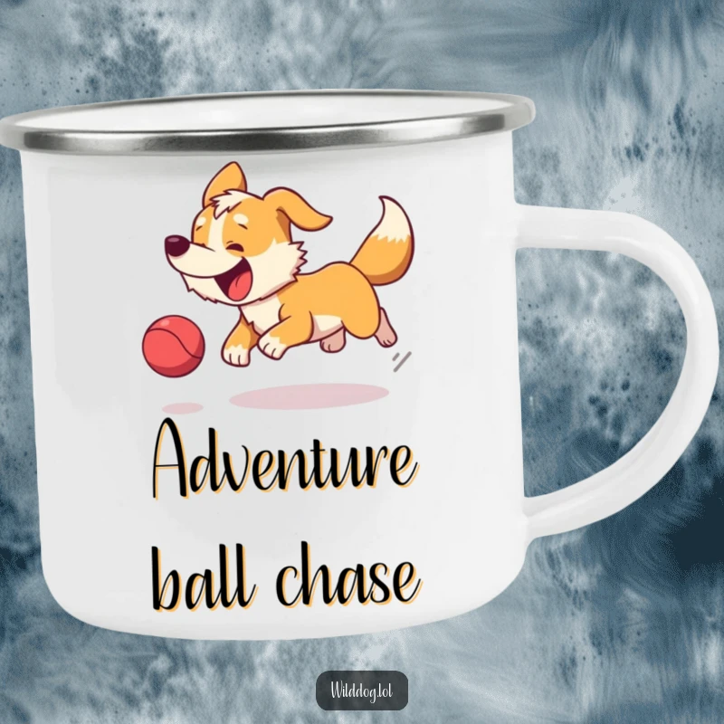 Funny camping mug showing an ecstatic wild dog joyfully chasing a bouncing ball, ideal for outdoor beverages.