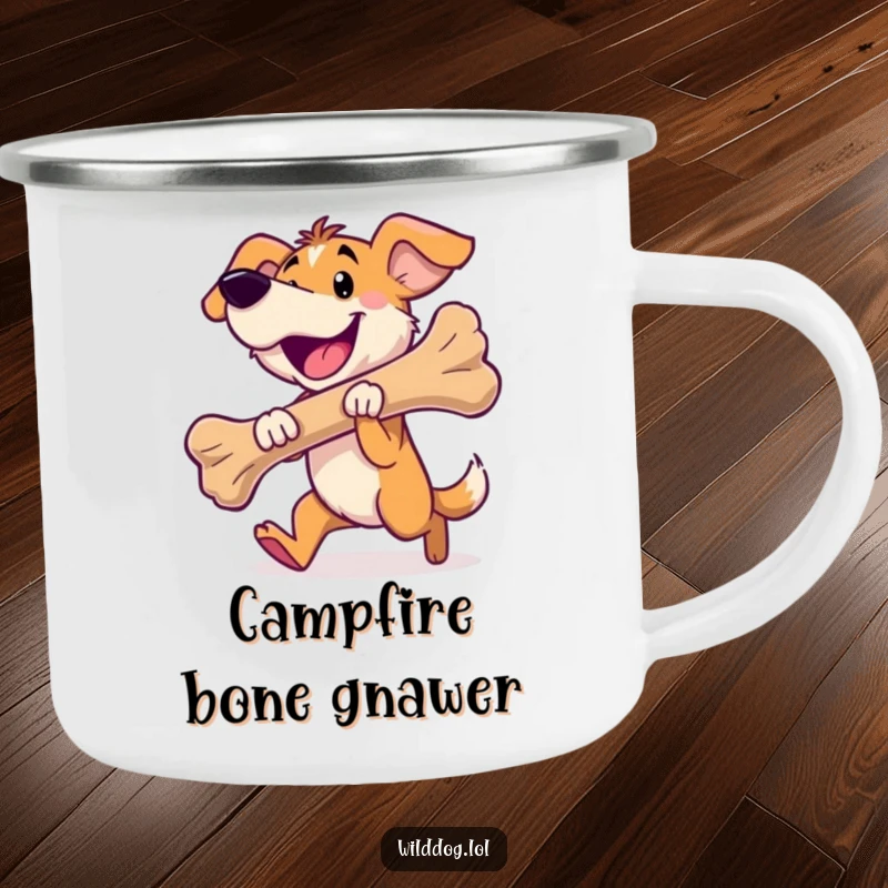 Funny wild dog camping mug with a happy dog carrying a large bone, perfect for outdoor fun.