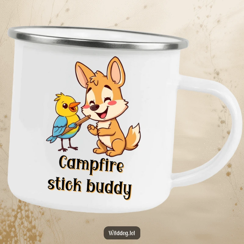 Funny happy wild dog offering a stick to a bird, perfect for outdoor use. A funny gift for adventurers.