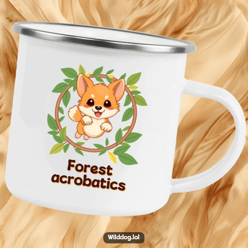 Funny wild dog camping mug showing a playful dog leaping through a leaf hoop, robust and humorous for outdoor enthusiasts.