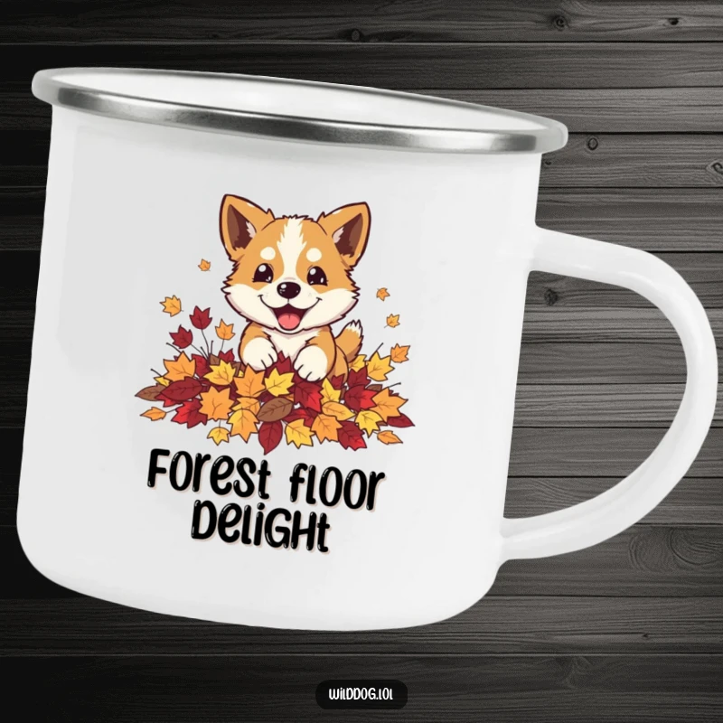 Funny wild dog playfully pouncing into a pile of autumn leaves on a durable camping mug, ready for the outdoors.