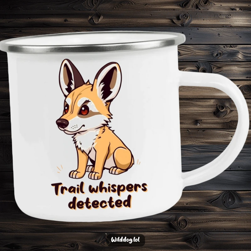 Funny Camping Mug: Wild dog with perked ears, intently listening to nature sounds, a humorous and sturdy outdoor mug.