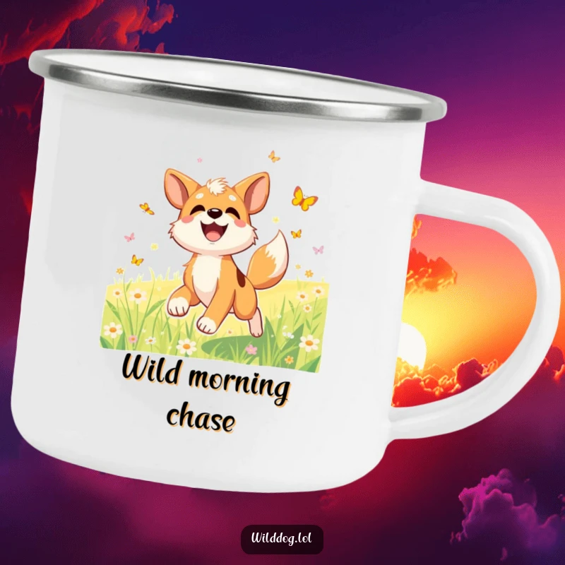 Funny camping mug showing a joyful wild dog with a wagging tail, chasing butterflies in a sunlit meadow.