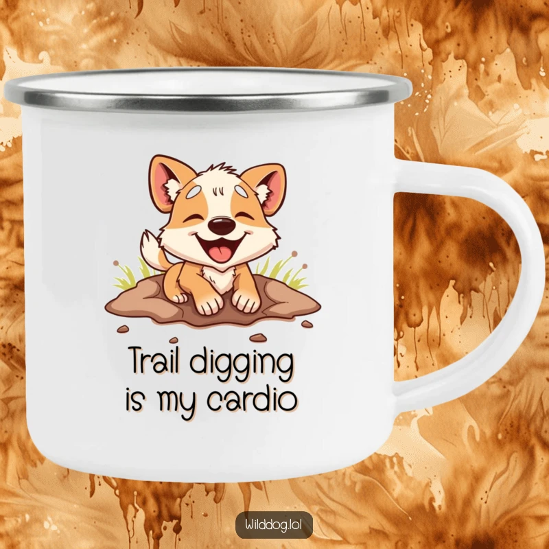 Funny Camping Mug: A wild dog enthusiastically digs a deep hole, perfect for outdoor lovers and coffee drinkers alike.