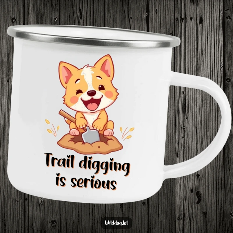 Funny camping mug showing a wild dog with a tiny shovel, digging energetically in a comical outdoor scene, inspiring adventurous fun.