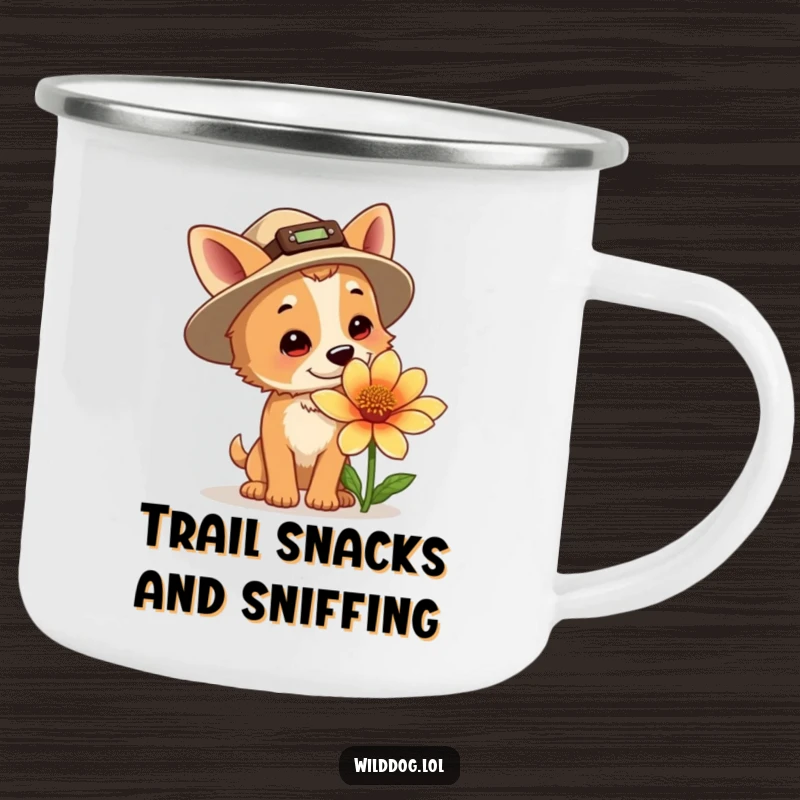 Funny explorer dog camping mug, a dog with a hat sniffing a large flower, ready for outdoor adventures and hot beverages.