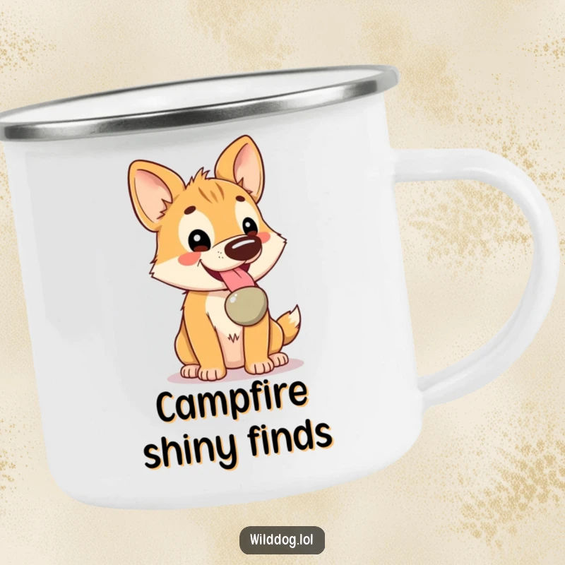 Funny Kawaii Wild Dog Camping Mug: Cute character panting with a shiny pebble, built for adventure and bringing smiles, a funny outdoor gift.