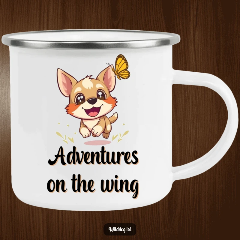 Funny camping mug with a wild dog joyfully chasing a butterfly, perfect for outdoor enthusiasts who appreciate playful moments.