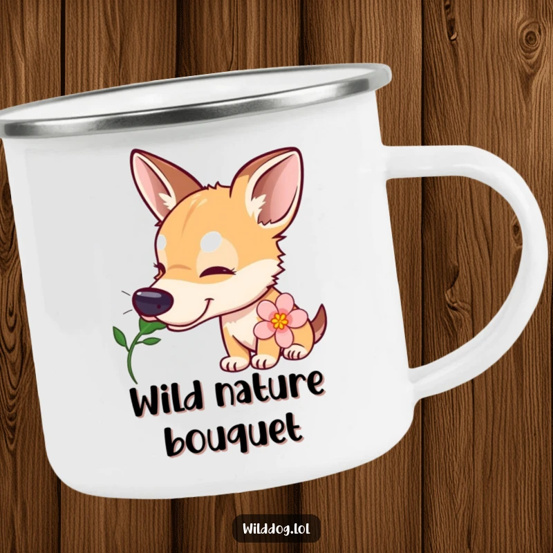 Funny wild dog camping mug showing a curious dog with a tilted head sniffing a flower, robust and humorous for outdoor enthusiasts.