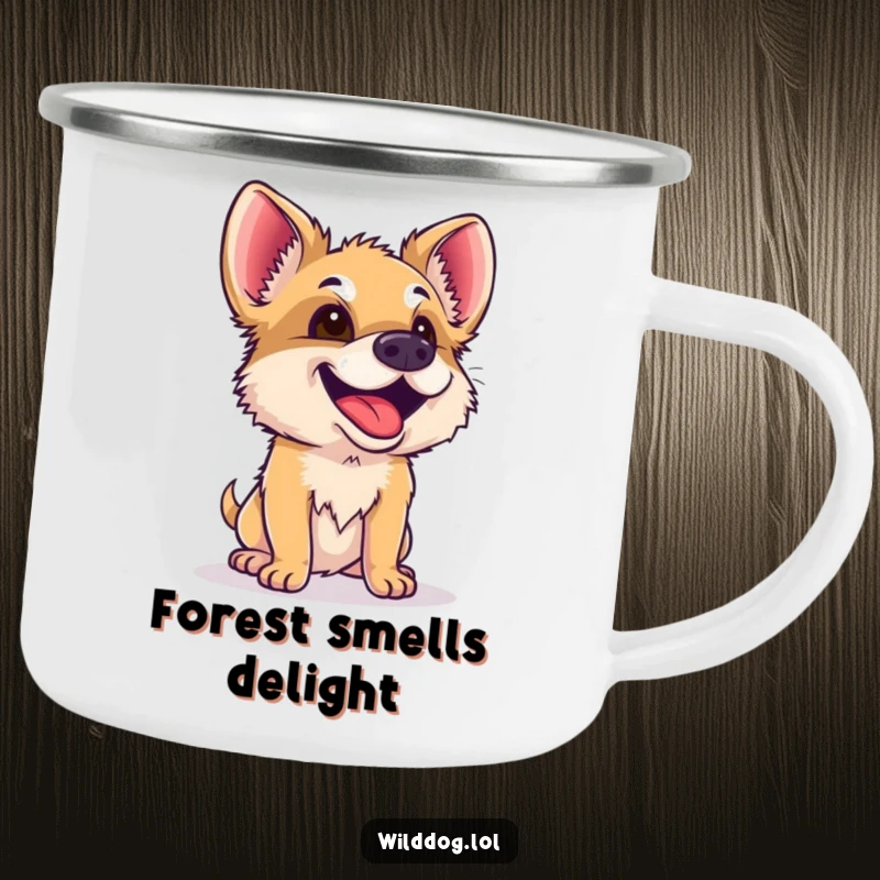 Funny Wild Dog Camping Mug: A curious wild dog sniffs the air with delight, bringing humorous outdoor fun to this durable mug.