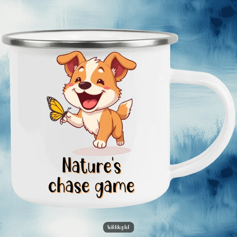 Funny wild dog camping mug showing a happy dog with a big grin chasing a butterfly, robust and humorous for outdoor enthusiasts.