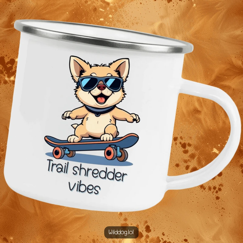 Funny wild dog camping mug, an enamel cup with a cool dog wearing sunglasses, riding a skateboard.