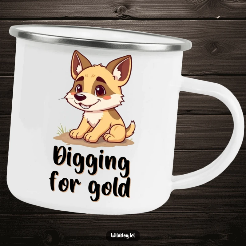 Funny camping mug with a wild dog sporting a goofy grin, digging with enthusiasm, capturing the spirit of outdoor adventure and humor.