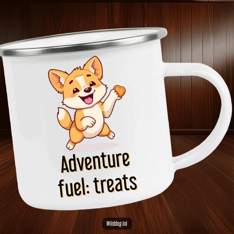 Funny camping mug featuring a wild dog jumping excitedly for a treat, tail wagging furiously, perfect for outdoor enthusiasts who love humor.