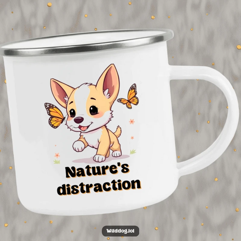 Funny camping mug with a wild dog puppy excitedly chasing a butterfly, perfect for drinks anywhere.