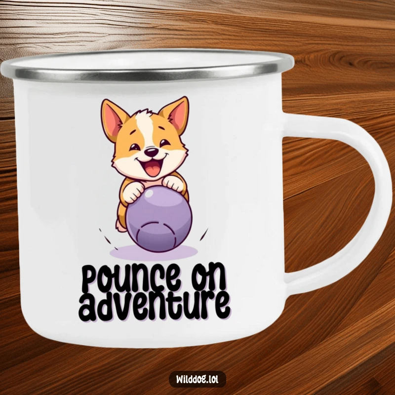 Funny wild dog camping mug showing a dog pouncing on a bouncing ball, great for outdoor enjoyment and humorous energy.