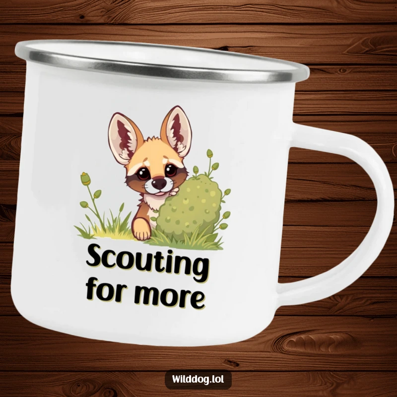 Funny camping mug showing a wild dog peeking from behind foliage, ears up, embodying outdoor curiosity.